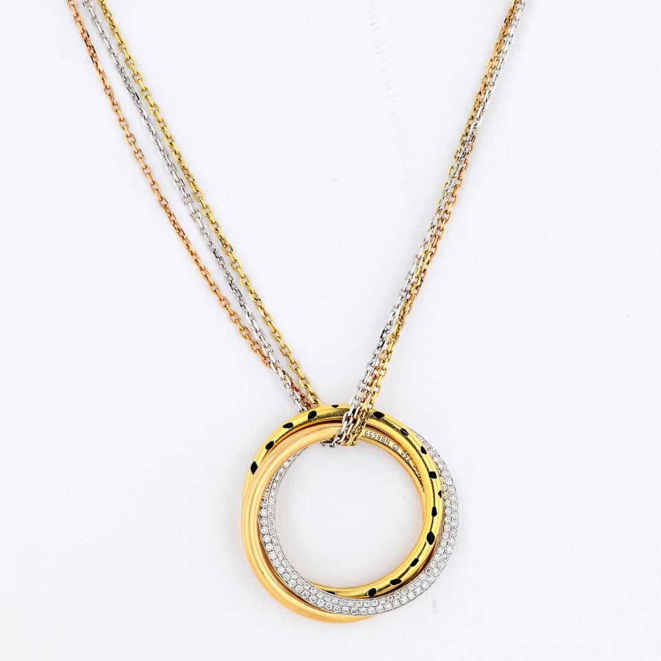 Cartier Trinity 18K Tri Color Diamond & Lacquer Circle On Triple Chain Pendant - The Back Vault