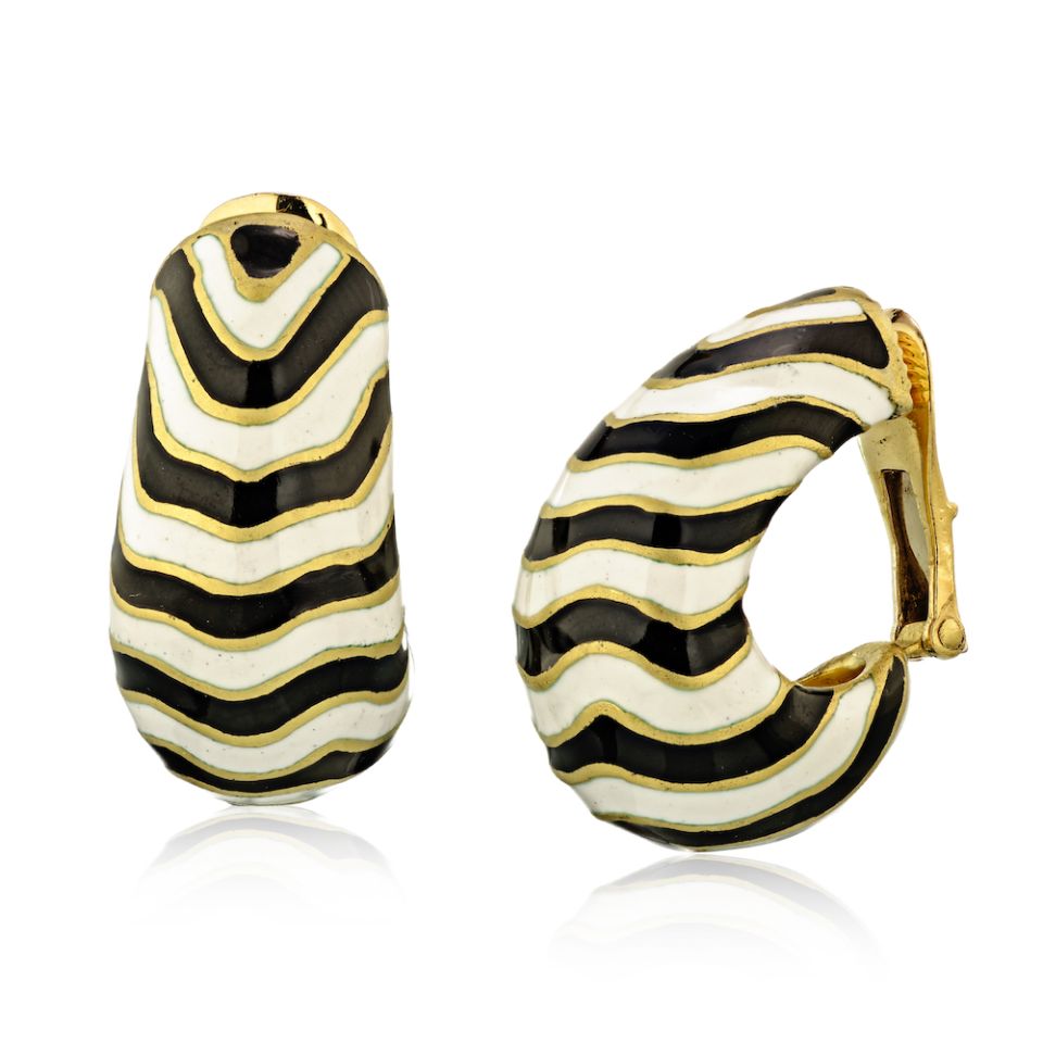 David Webb Platinum & 18K Yellow Gold Zebra Black & White Enamel Striped Earrings - The Back Vault