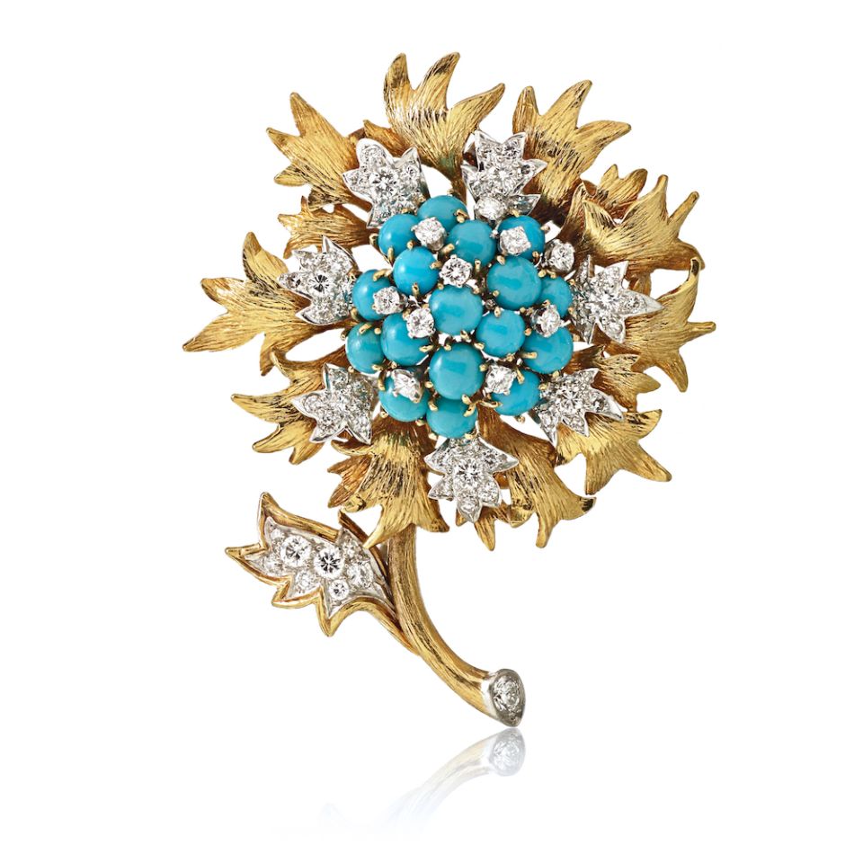 David Webb Platinum & 18K Yellow Gold Turquoise & Diamond Floral Brooch - The Back Vault