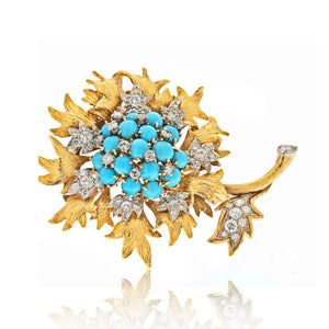 David Webb Platinum & 18K Yellow Gold Turquoise And Diamond Floral Brooch