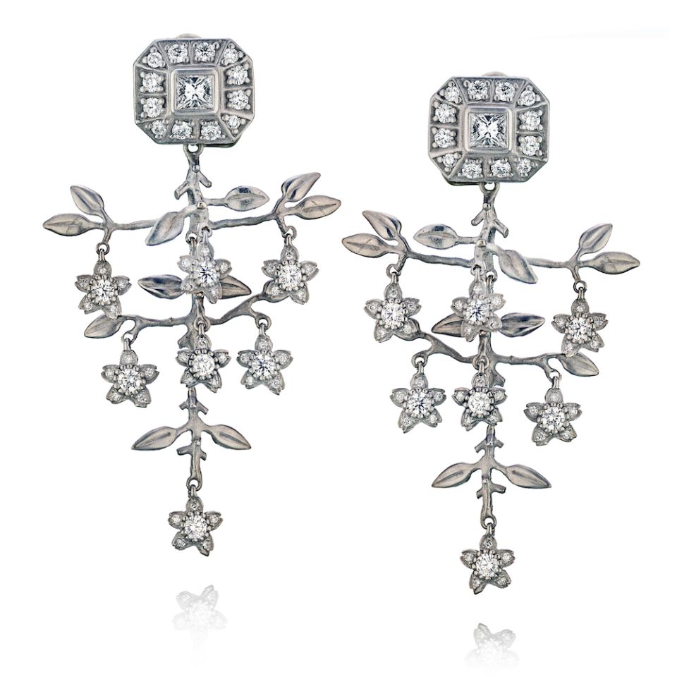 Kieselstein Cord 18K White Gold 3 carat Diamond Flower Earrings - The Back Vault Jewelry