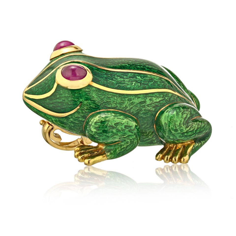 David Webb Kingdom 18K Yellow Gold Green Enamel Frog Pendant - The Back Vault