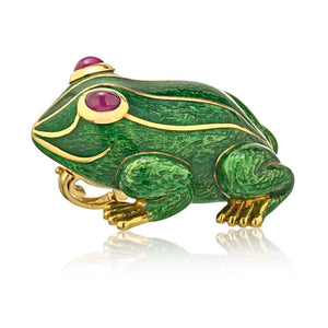 David Webb Kingdom 18K Yellow Gold Green Enamel Frog Pendant