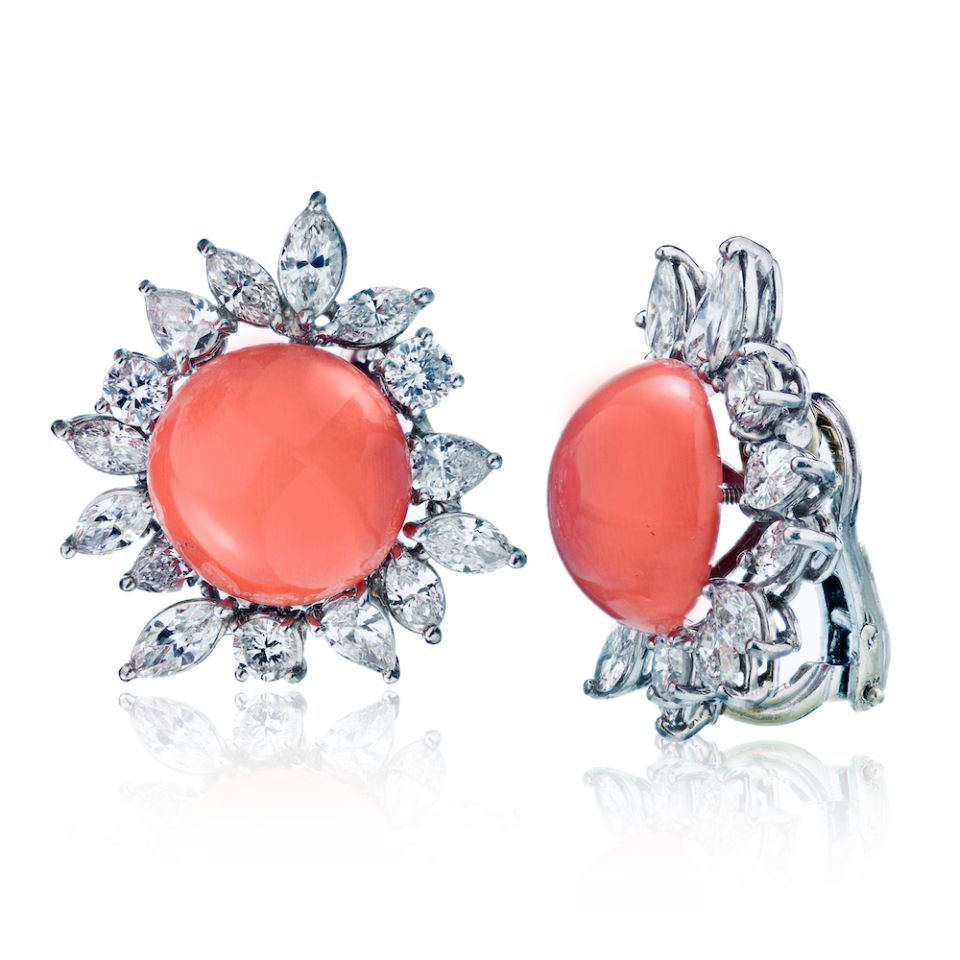 Circa 1960's Platinum 8.00 Carat Diamond And Coral Earrings - The Back Vault Jewelry