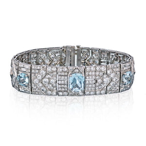 French Art Deco Platinum Aquamarine and Diamond Carpet Bracelet