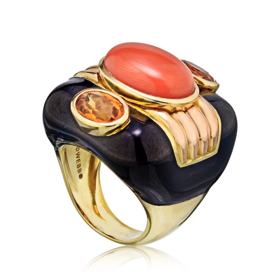 David Webb Circa 1970's 18K Yellow Gold Black Enamel and Coral Fashion Ring - The Back Vault