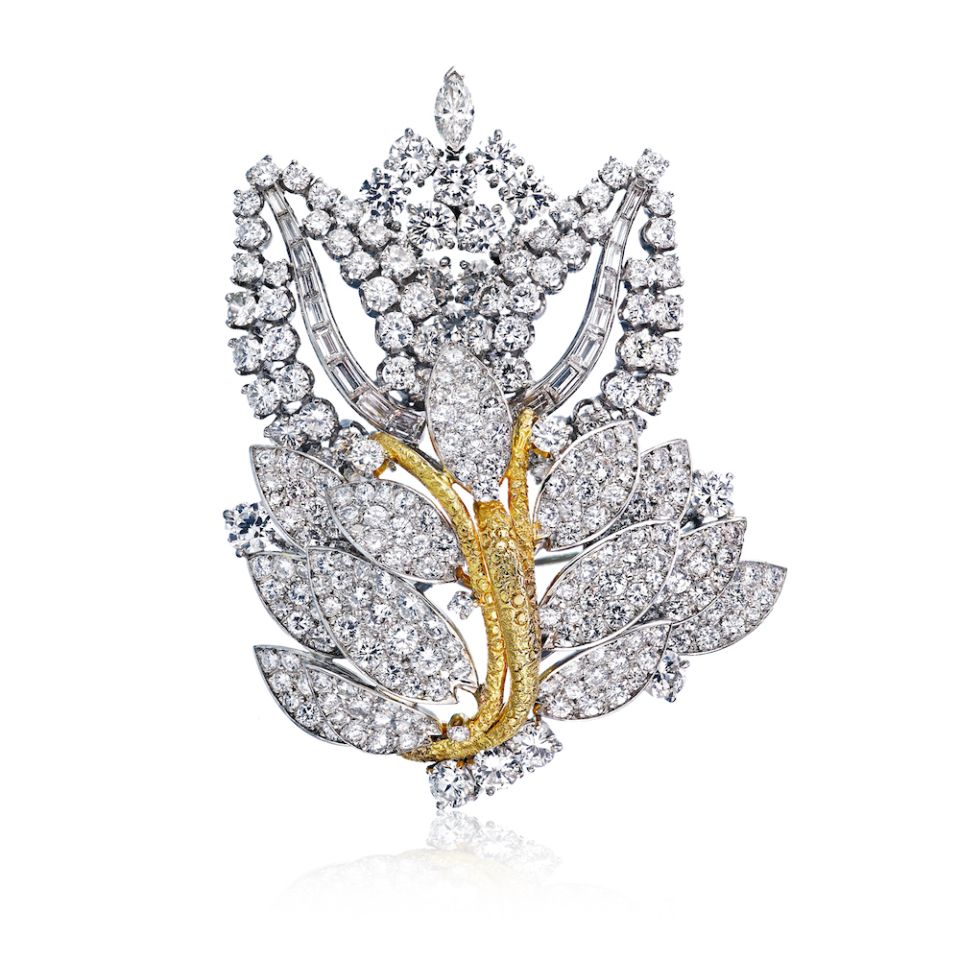 Circa 1960's Platinum & 18K Yellow Gold 16 carat Diamond Leaf Brooch - The Back Vault Jewelry