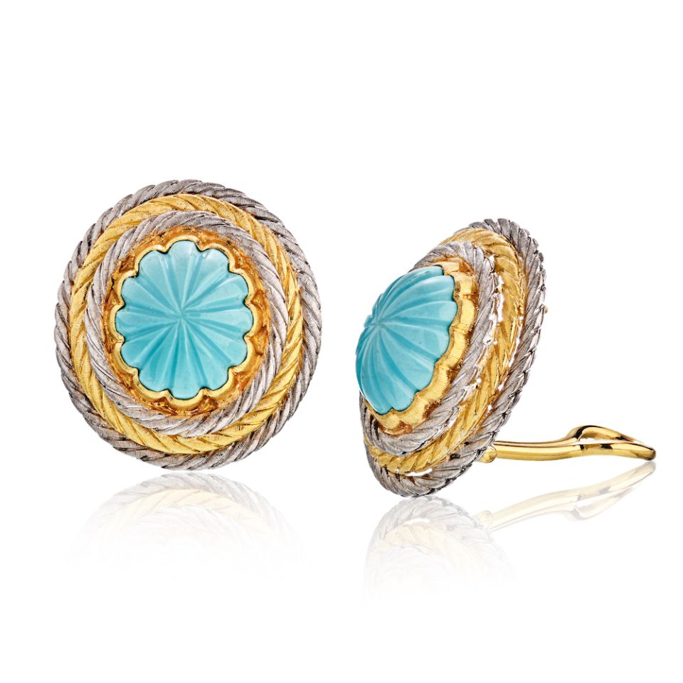 Buccellati 18K Two Tone Oro Collection Ov Button Carved Turquois Earrings - The Back Vault