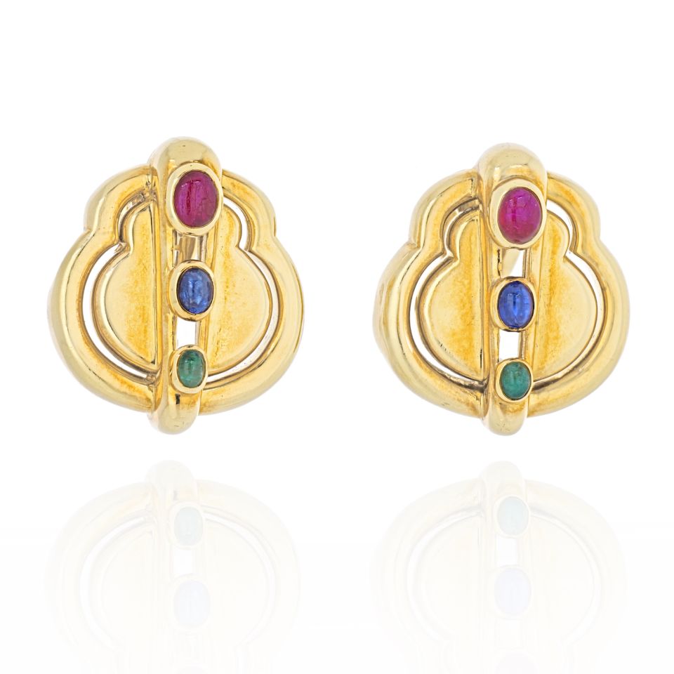 David Webb Circa 1970's Platinum & 18K Yellow Gold Ruby, Emerald, Sapphire Earrings - The Back Vault