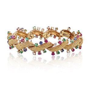 David Webb Circa 1970's Platinum & 18K Yellow Gold Multicolor Sapphire,Emerald & Diamonds Bracelet