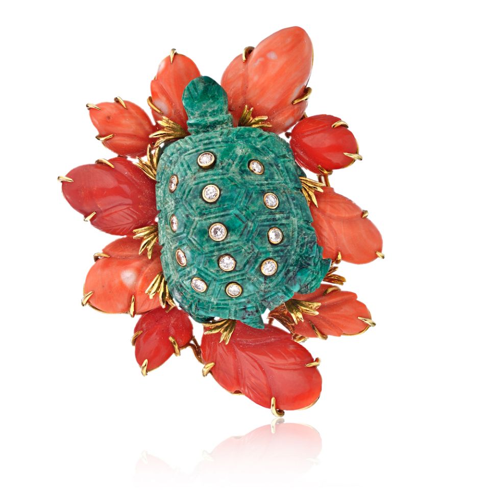 David Webb 18K Yellow Gold Turtle on A Coral Lillypad Circa 1960 Brooch - The Back Vault