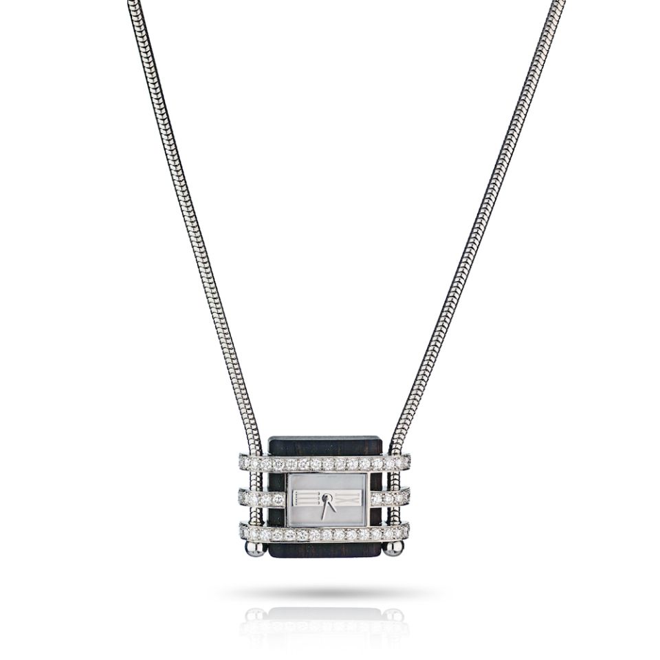 Van Cleef & Arpels 18K White Gold Diamond, Mother-Of-Pearl and Wood Pendant-Watch with Snake Chain Necklace - The Back Vault