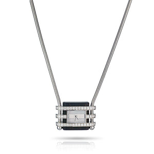 Van Cleef & Arpels 18K White Gold Diamond, Mother-Of-Pearl and Wood Pendant-Watch with Snake Chain Necklace