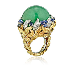 David Webb Platinum & 18K Yellow Gold Jade Cabochon with Sapphires, Diamonds Ring