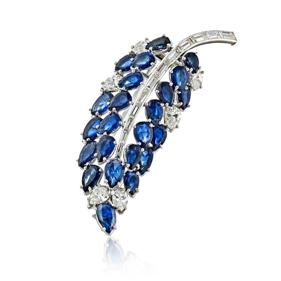 Platinum Sapphire And Diamond Leaf Brooch - The Back Vault Jewelry