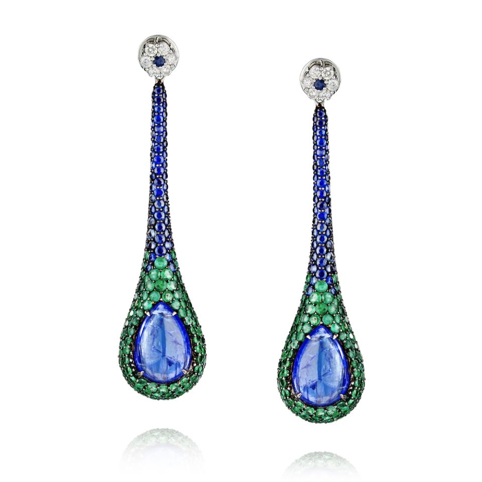 18K White Gold Pendulum Multi-gem Sapphire Drop Earrings - The Back Vault