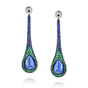 18K White Gold Pendulum Multi-gem Sapphire Drop Earrings