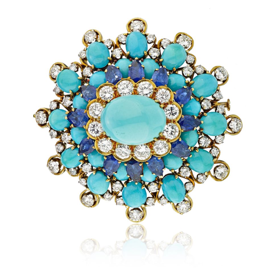 David Webb Circa 1970's Platinum & 18K Yellow Gold Sapphire, Diamonds And Turquoise Clip Pendant Brooch - The Back Vault