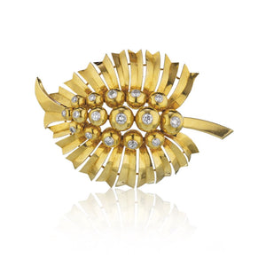 Cartier Art Deco 18K Yellow Gold Leaf Foliage Diamond Brooch