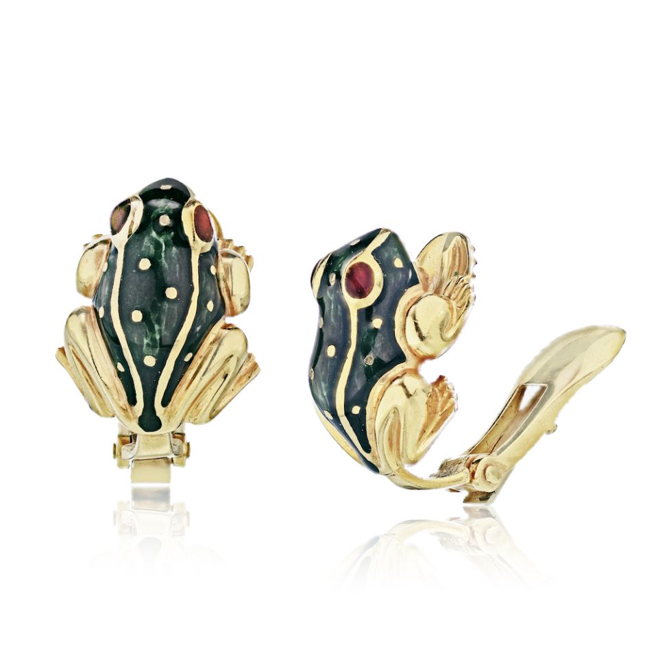 David Webb Kingdom Platinum & 18K Yellow Gold Green Enamel Frog Clip-On Earrings - The Back Vault