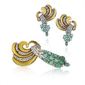 Platinum & Rose Gold Cabochon Green Emeralds And Diamond Brooch & Earrings Jewelry Set