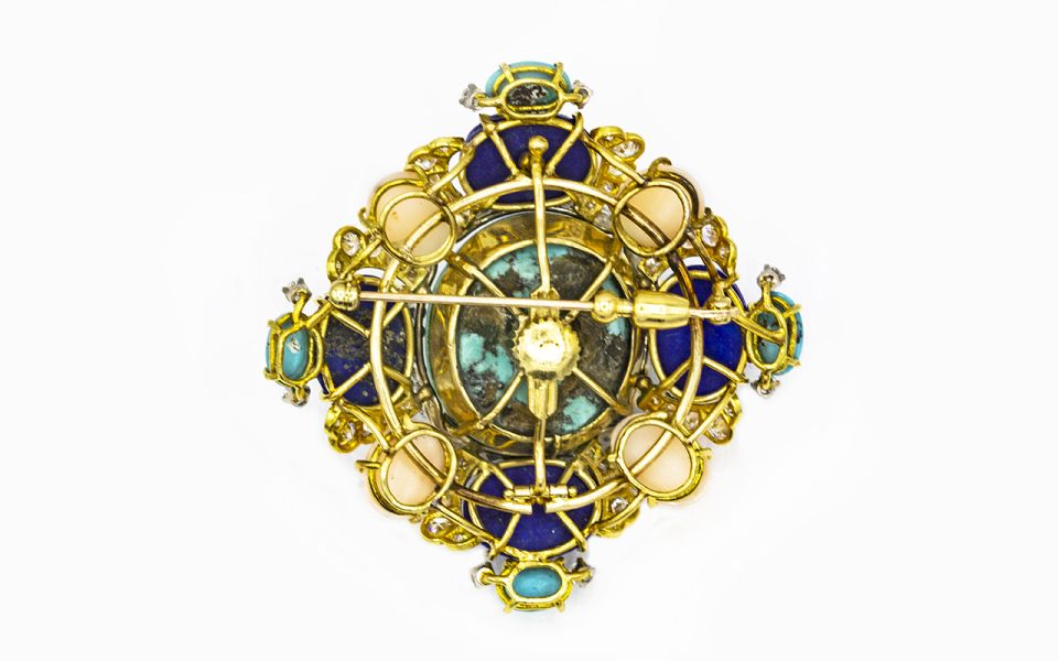 Circa 1960's 18K Yellow Gold 4 Carat Baby Coral, Lapis, Turquoise, Diamond Brooch - The Back Vault