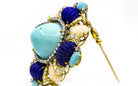 Circa 1960's 18K Yellow Gold 4 Carat Baby Coral, Lapis, Turquoise, Diamond Brooch - The Back Vault