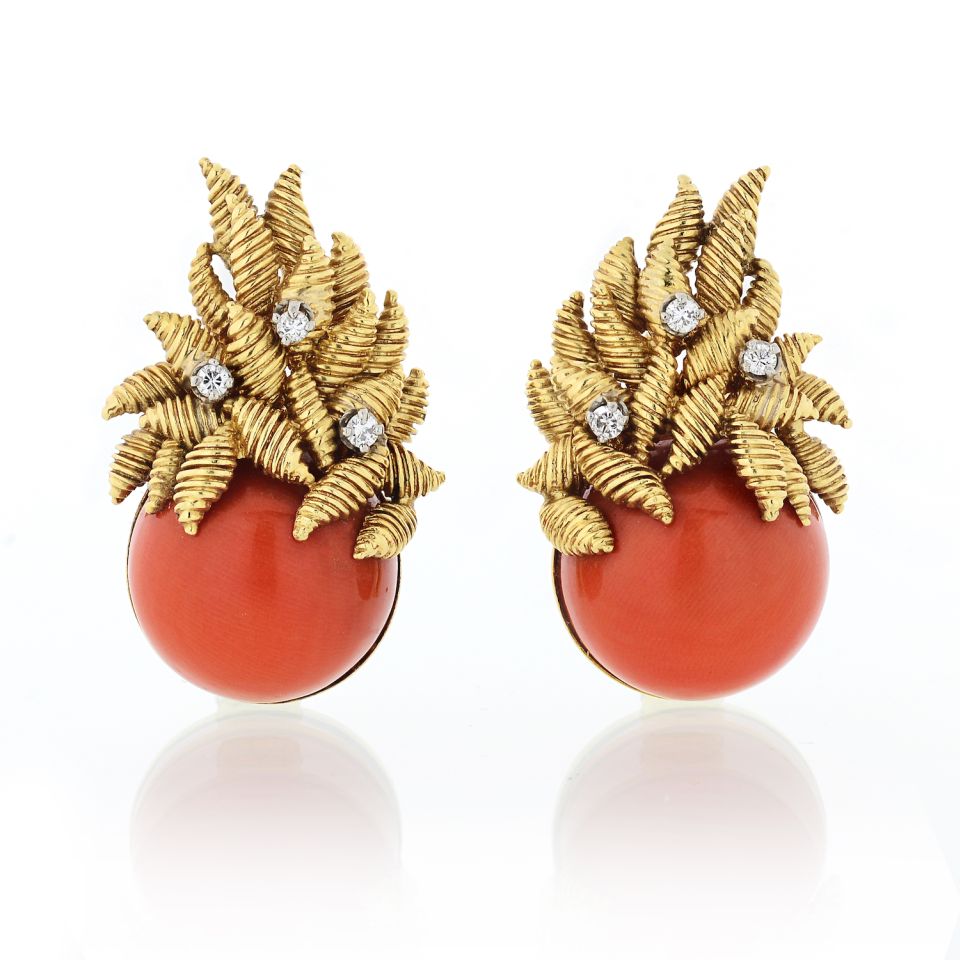 Tiffany & Co. Circa 1960's 18K Yellow Gold Round Coral & Diamond Clip On Earrings - The Back Vault