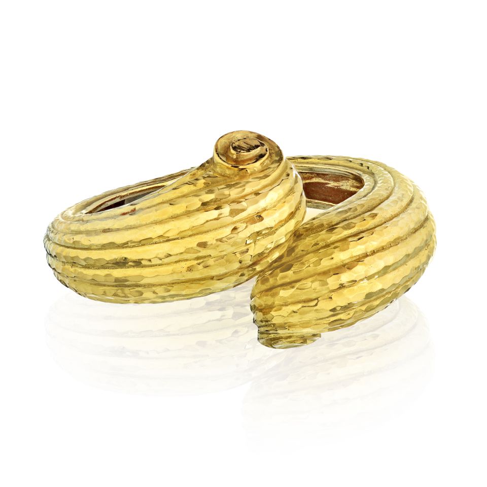 David Webb Circa 1970's Platinum & 18K Yellow Gold Crossover Fluted Cuff Bracelet - The Back Vault