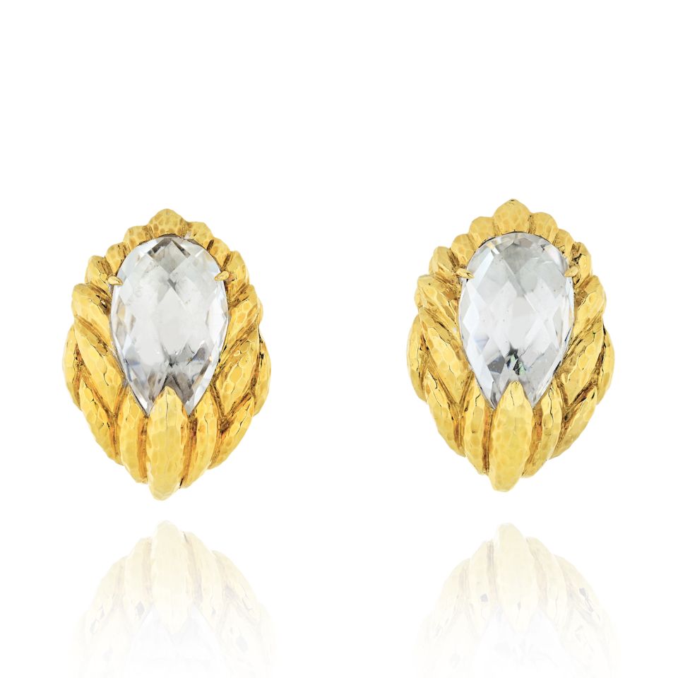 David Webb Platinum & 18K Yellow Gold Hammered Quartz Clip-On Earrings - The Back Vault