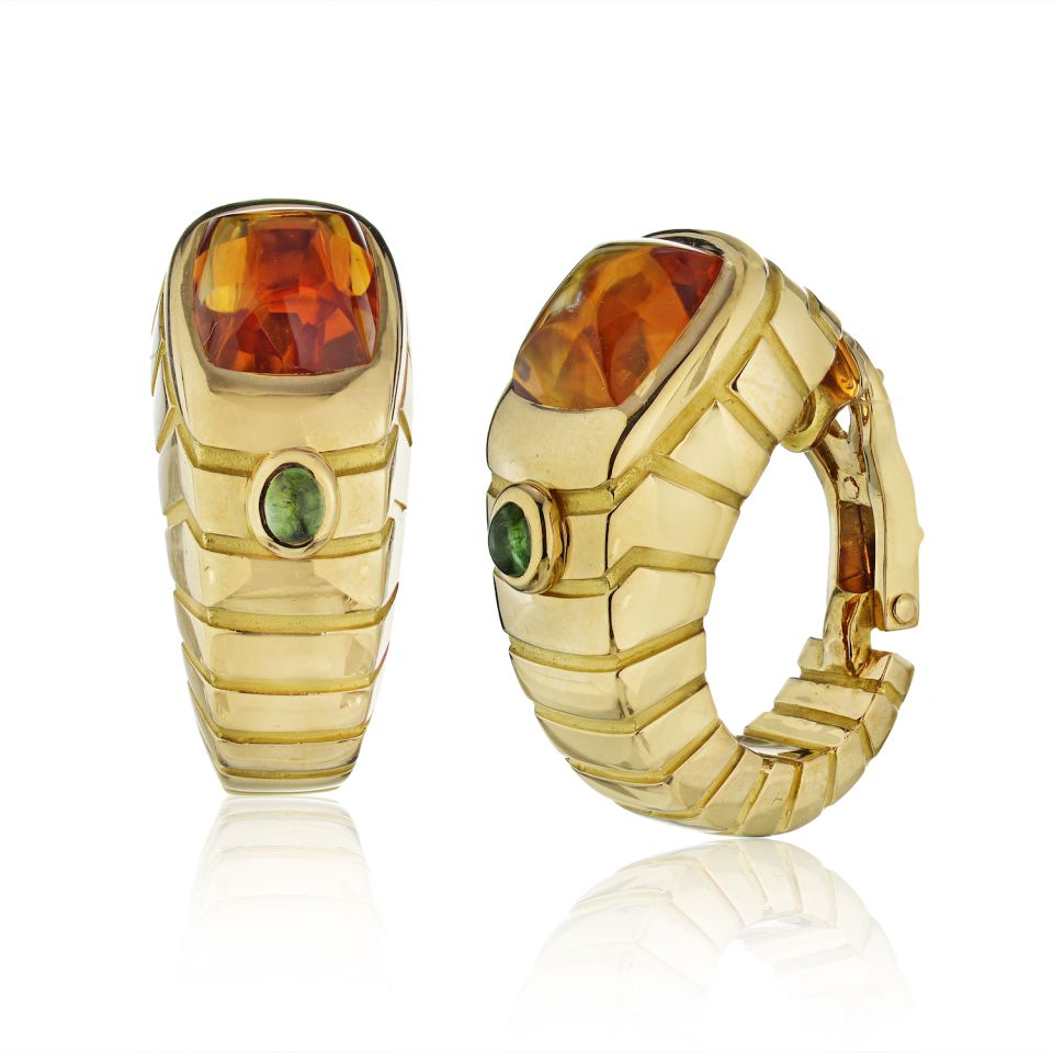 Van Cleef & Arpels French 18K Yellow Gold Citrine & Tourmaline Shrimp Earrings - The Back Vault