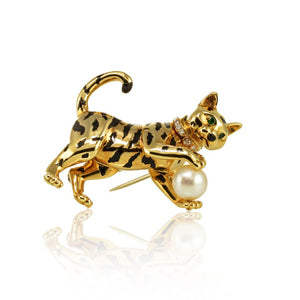 Cartier Panthere 18K Yellow Gold French Diamond & Pearl Cat Brooch