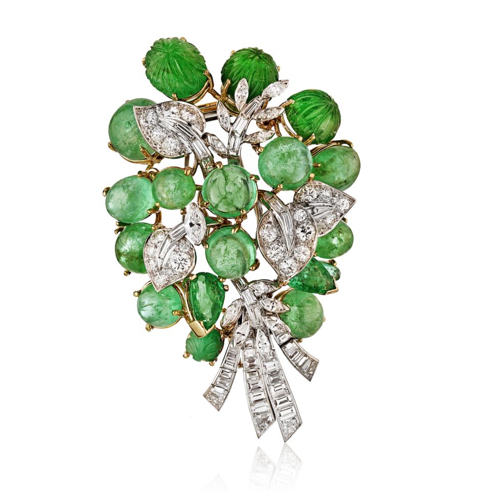 David Webb Platinum & 18K Yellow Gold Green Emeralds & Diamonds, Brooch - The Back Vault