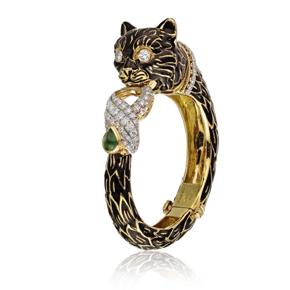 David Webb Platinum & 18K Yellow Gold Pear Cut Emerald, Diamonds, Black Enamel Cat Bracelet - The Back Vault