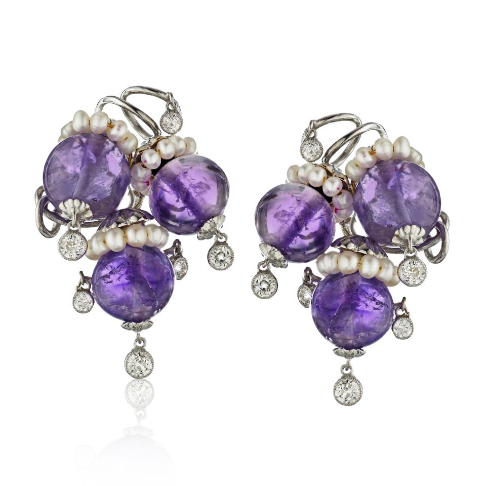 Seaman Schepps Circa 1950's 14K White Gold Amethyst, Diamond and Pearl Earrings - The Back Vault Jewelry