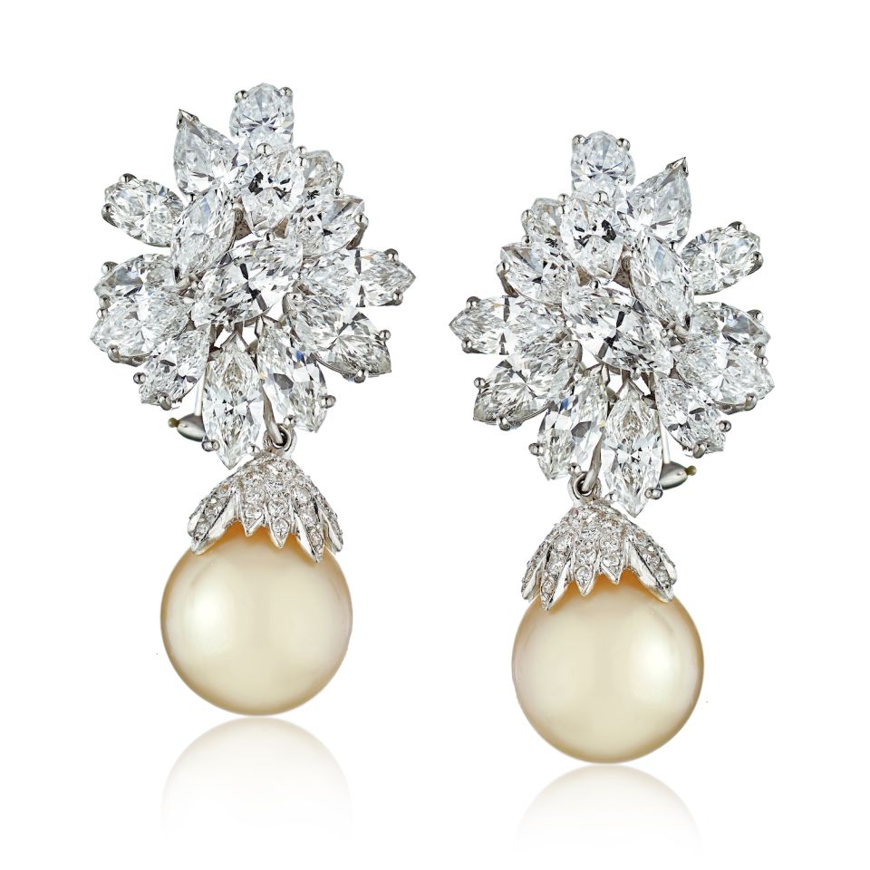 Platinum 26 carats Diamond Cluster And Pearl Drop Earrings - The Back Vault