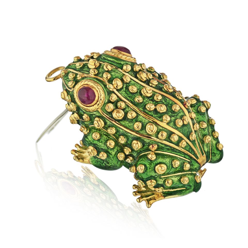 David Webb Kingdom Platinum & 18K Yellow Gold Green Enamel Frog Brooch - The Back Vault