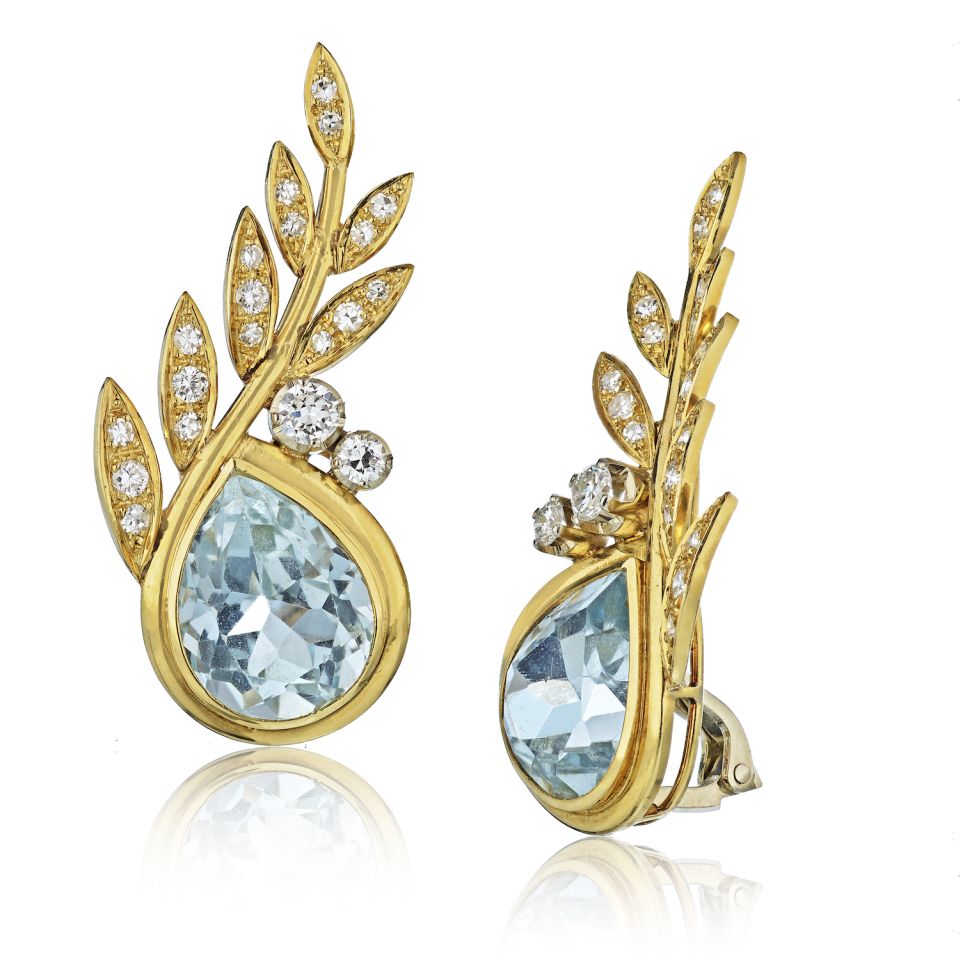 18K Yellow Gold 27 carat Aquamarine And Diamond Earrings - The Back Vault