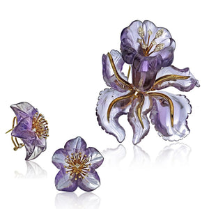 14K Yellow Gold Amethyst Flower Brooch & Earrings Jewelry Set