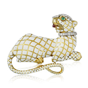 David Webb Kingdom Platinum & 18K Yellow Gold White Enamel Panther With Diamond Collar Brooch