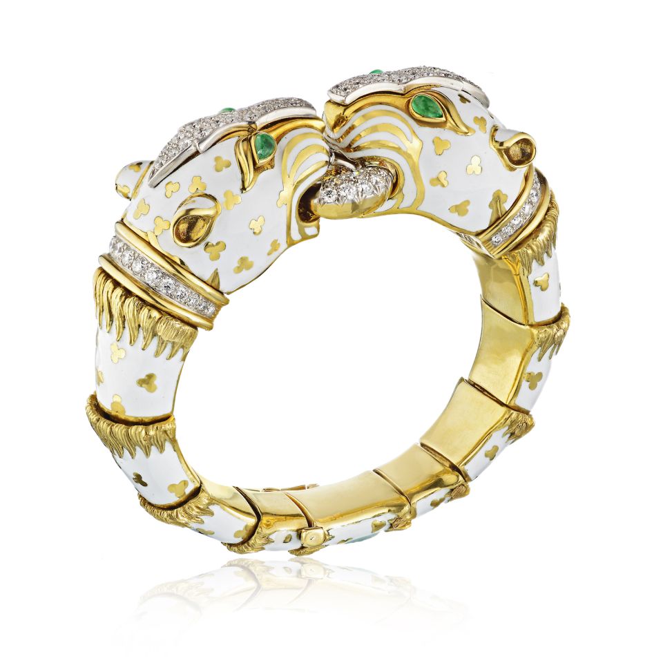 David Webb Double Leopard Platinum & 18K Yellow Gold White Enamel Bracelet - The Back Vault