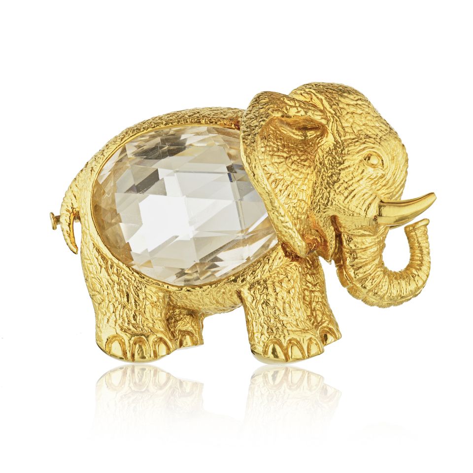 David Webb Elephant Platinum & 18K Yellow Gold Rock Crystal Elephant Brooch - The Back Vault