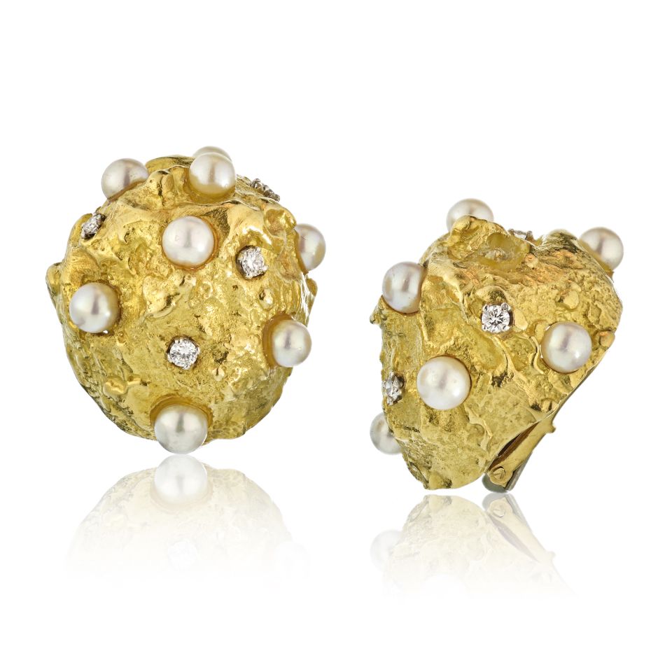 David Webb 18K Yellow Gold Diamond, Pearl Gold Nugget Earrings - The Back Vault