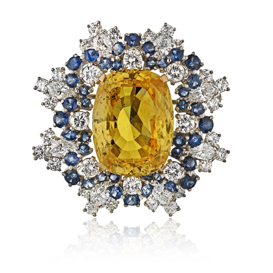 Oscar Heyman 1970's Platinum & 18K Yellow Gold 31.97 Yellow Sapphire & Diamond Brooch - The Back Vault Jewelry