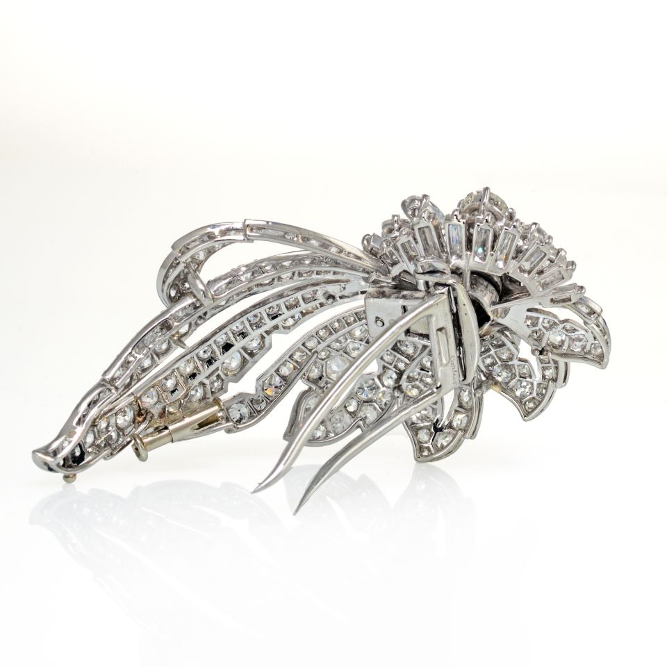 Cartier 1950's Platinum Foliate Design with Center Cushion Cut Diamond 1.35 E/VS2 GIA Brooch - The Back Vault