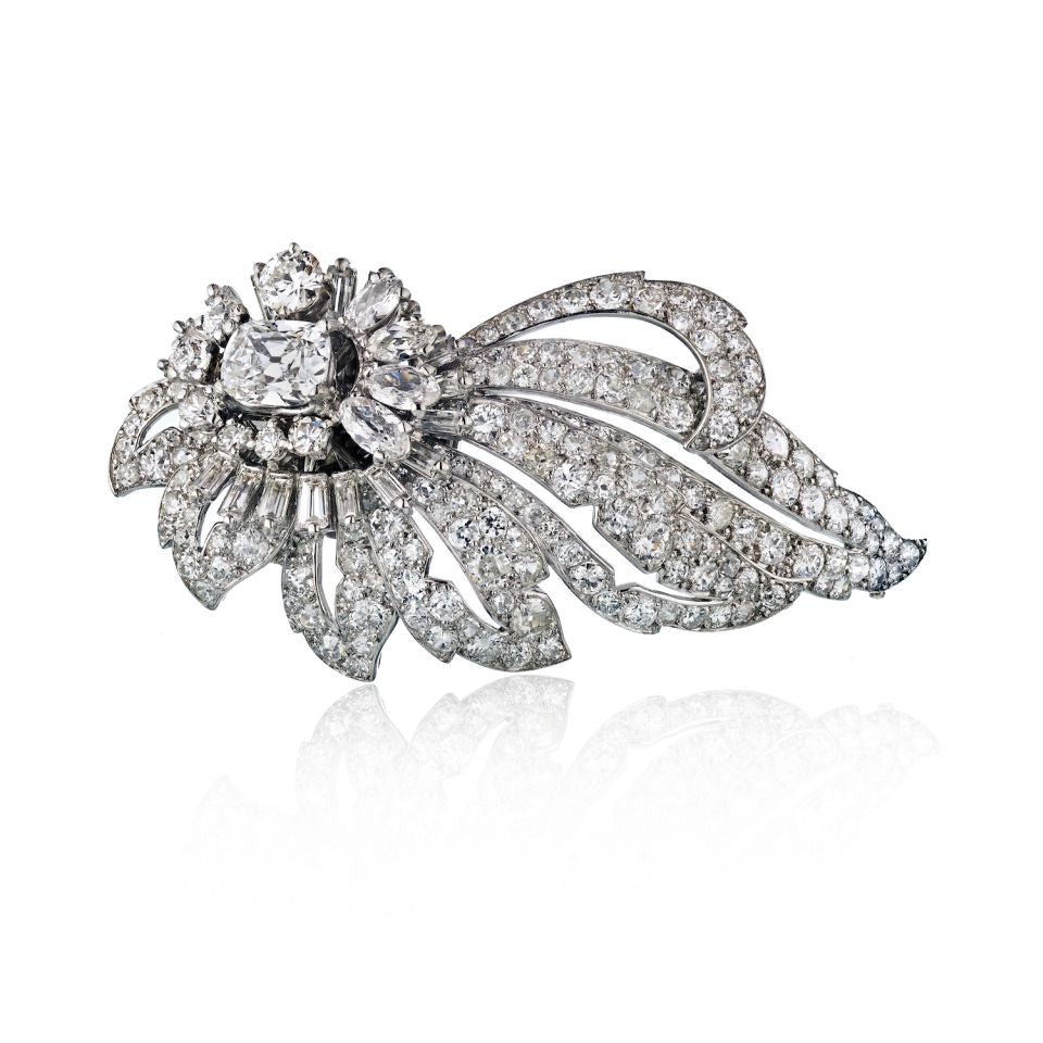 Cartier 1950's Platinum Foliate Design with Center Cushion Cut Diamond 1.35 E/VS2 GIA Brooch - The Back Vault