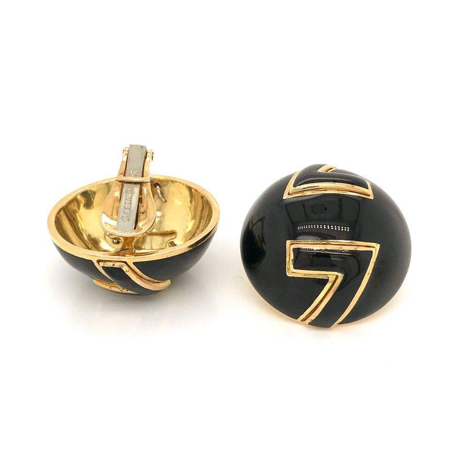 David Webb Platinum & 18K Yellow Gold Black Enamel Clip-On Earrings - The Back Vault