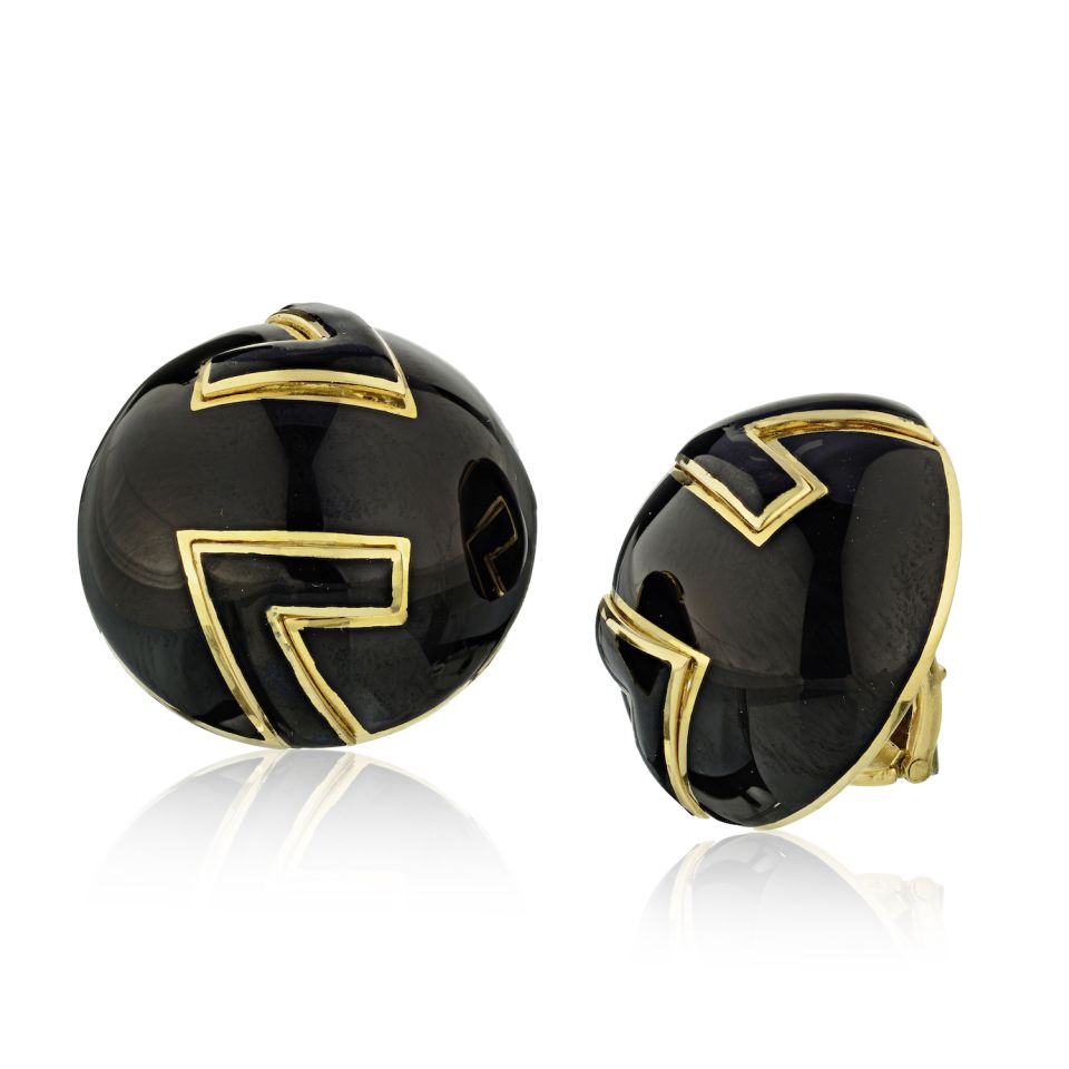 David Webb Platinum & 18K Yellow Gold Black Enamel Clip-On Earrings - The Back Vault