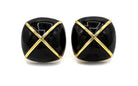 David Webb Platinum & 18K Yellow Gold Black Enamel Large Square Cushion Shape Clip-On Earrings - The Back Vault