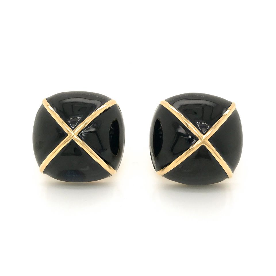 David Webb Platinum & 18K Yellow Gold Black Enamel Large Square Cushion Shape Clip-On Earrings - The Back Vault